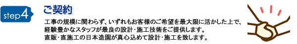 step4 ご契約 工事の規模に関わらず、いずれもお客様のご希望を最大限に活かした上で、経験豊かなスタッフが最良の設計・施工技術をご提供します。直販・直施工の日本造園が真心込めて設計・施工を致します。